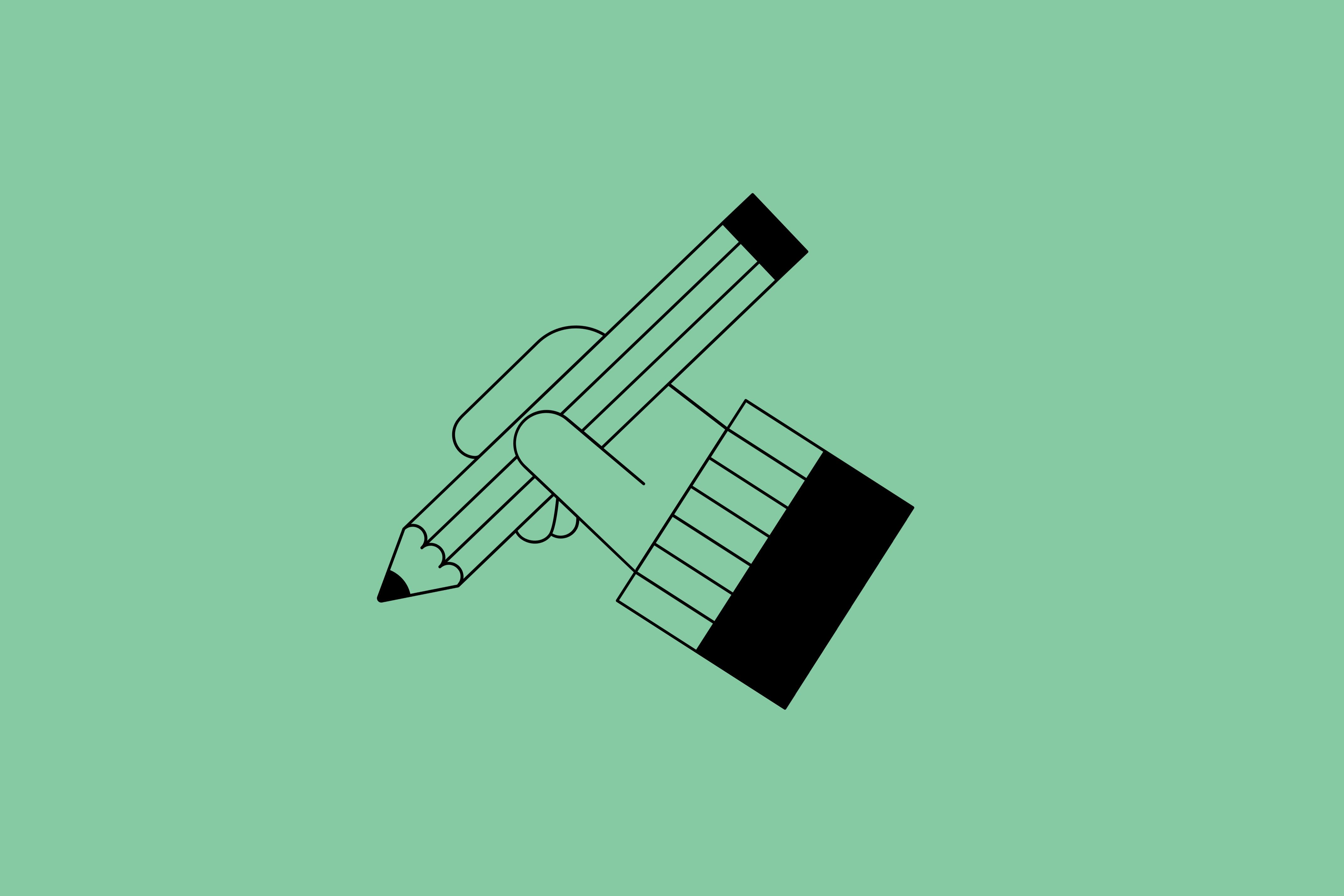 Against a mint green background is an illustration with black lines. Shown is a hand holding a pen.