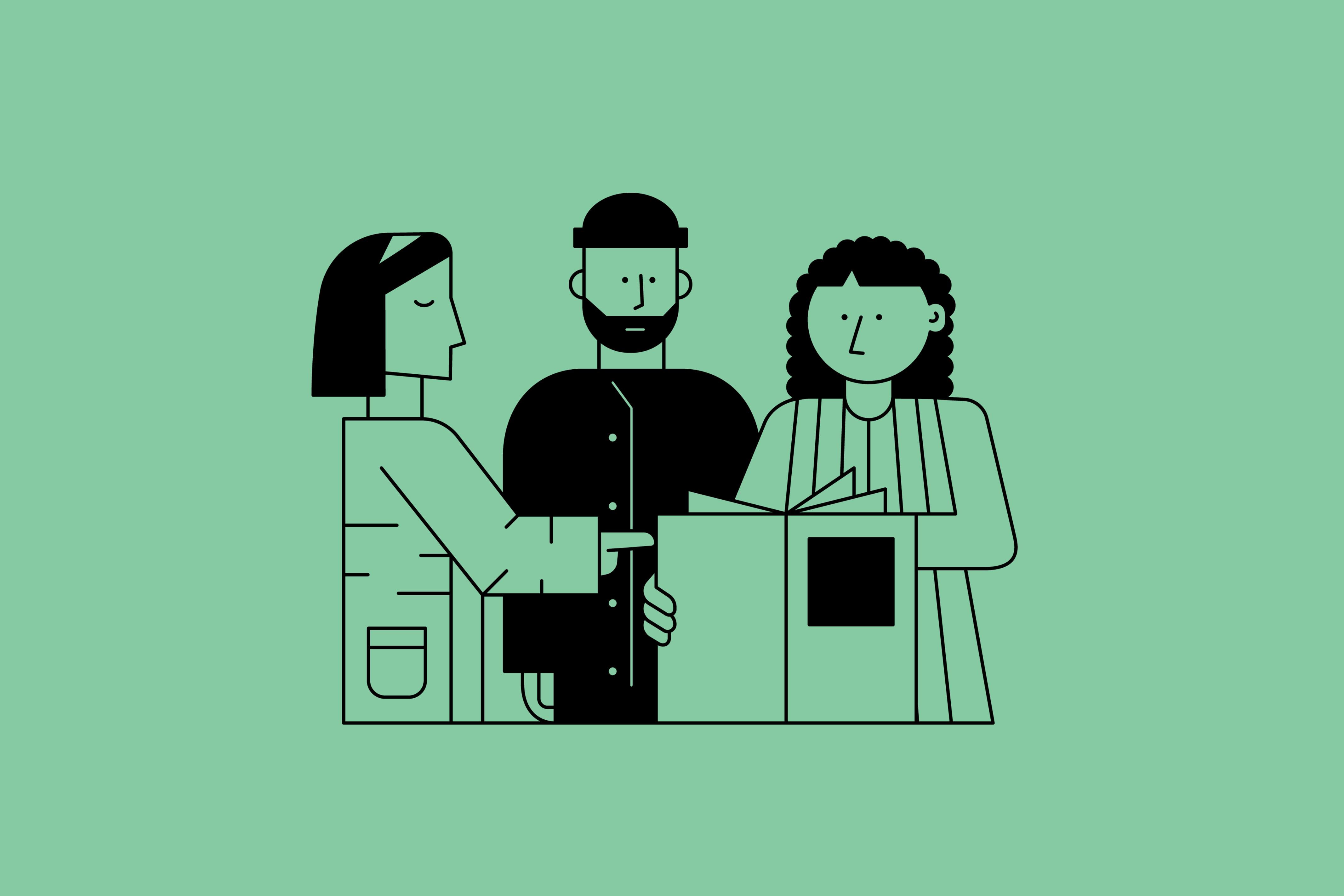Against a mint green background is an illustration with black lines. Pictured is a small group of three people looking into a book. The right person points to the book with their right index finger.