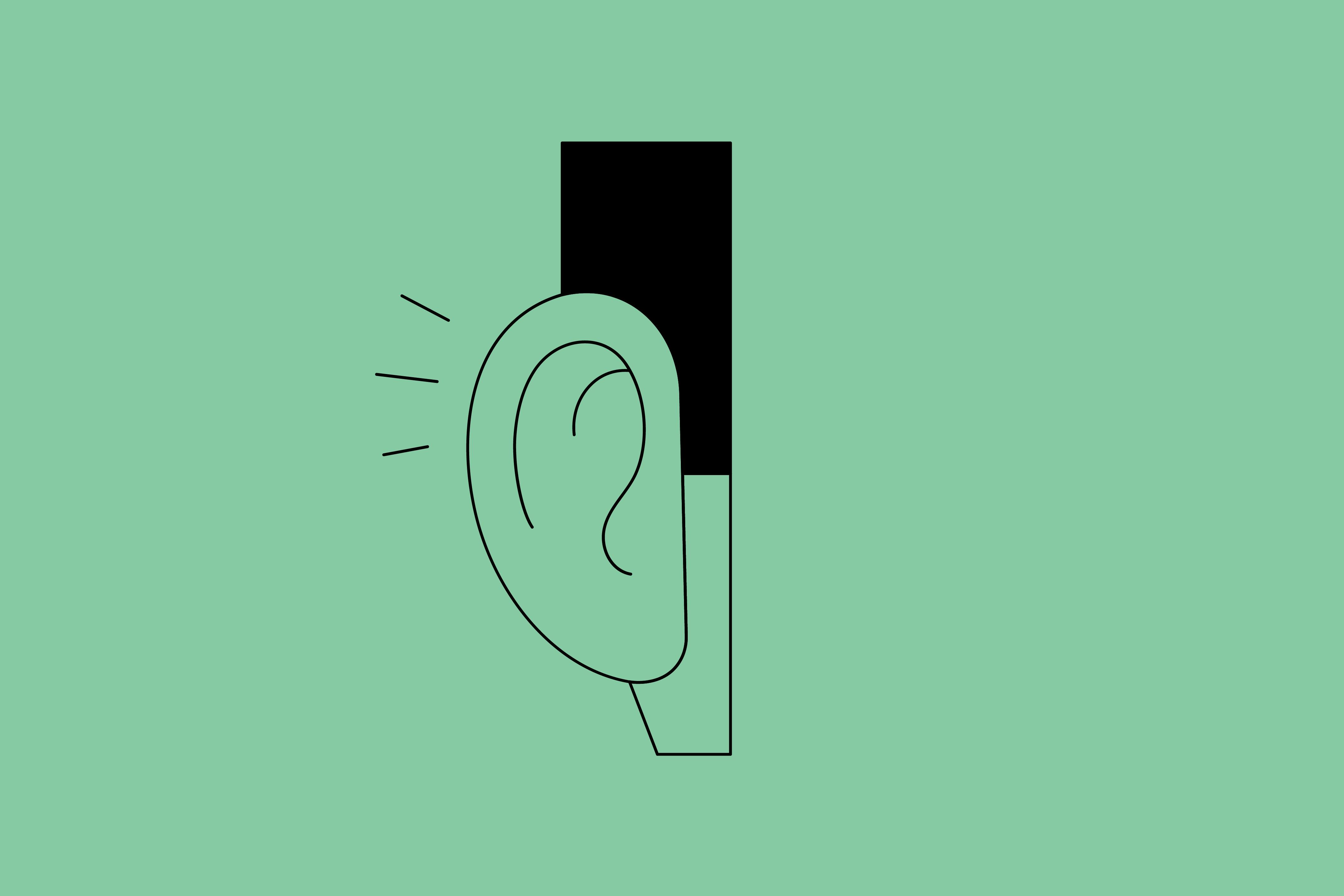 Against a mint green background is an illustration with black lines. Shown is an ear.