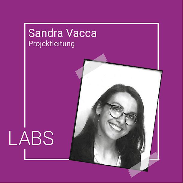 Against a purple background, the name Sandra Vacca and project management are written in white letters. Below is a photo of Sandra Vacca in black and white. She wears her hair loose and smiles. The name and photo are framed by a white square. In the lower left corner, the word Labs is inserted into the square.
