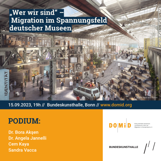 Graphic announcing the event with general information about the event. The image shows a design of the future Migration Museum. The design comes from the agency facts & fiction.